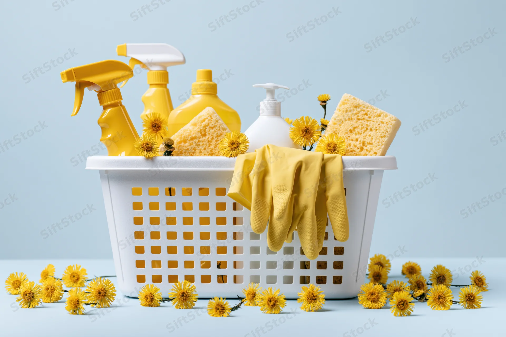 White plastic laundry basket filled with yellow cleaning spray bottles, sponges, gloves and daisies on light blue surface