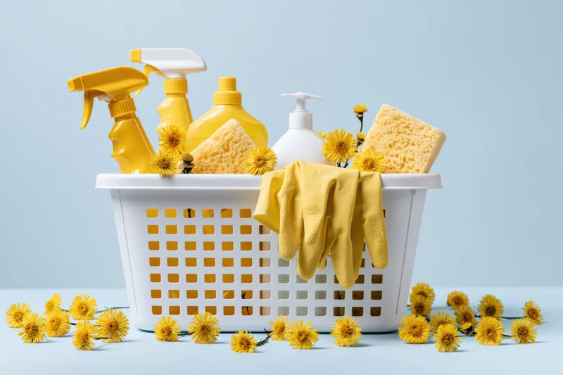 White plastic laundry basket filled with yellow cleaning spray bottles, sponges, gloves and daisies on light blue surface
