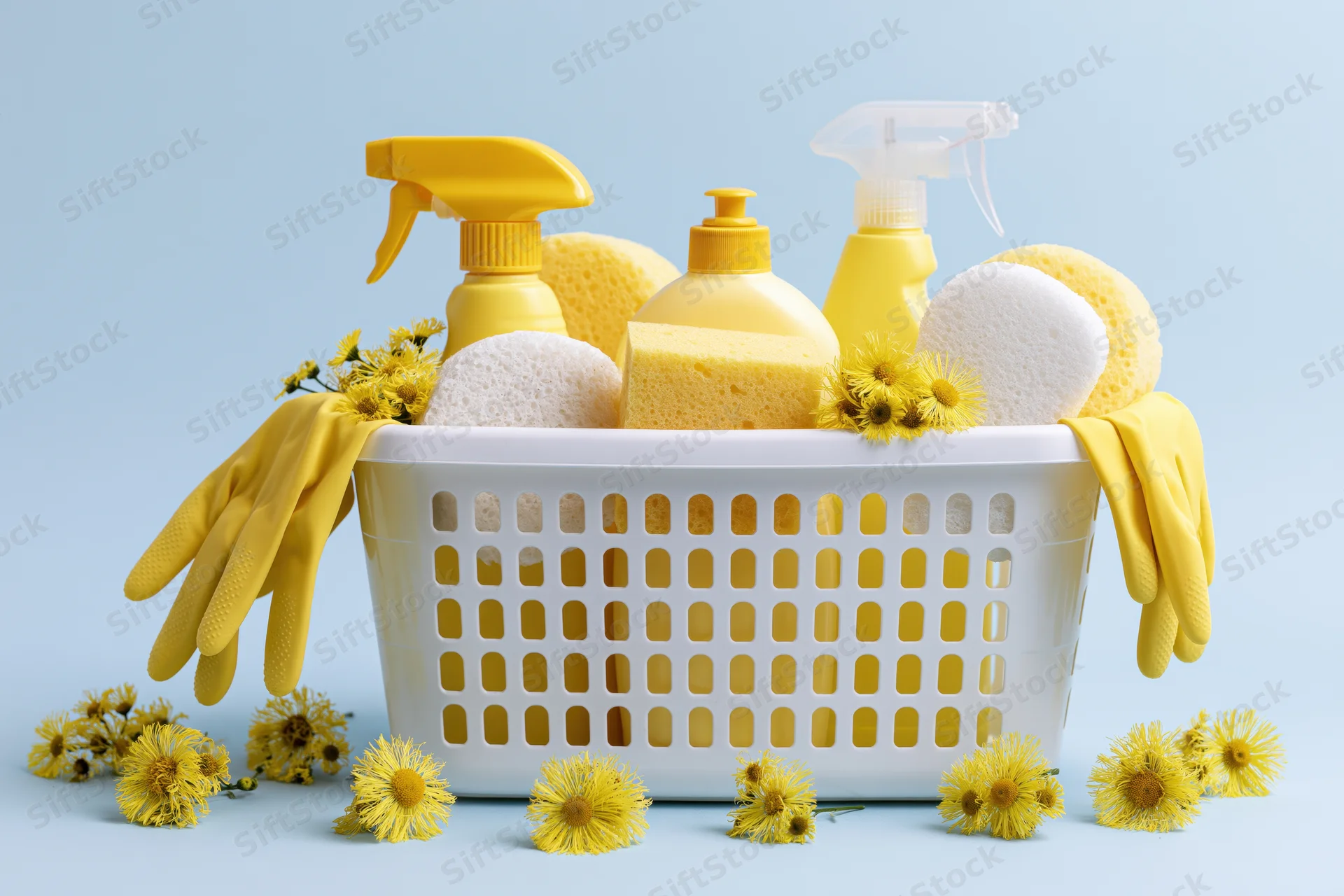 White plastic laundry basket filled with yellow cleaning spray bottles, sponges, gloves, and yellow flowers on a light blue background