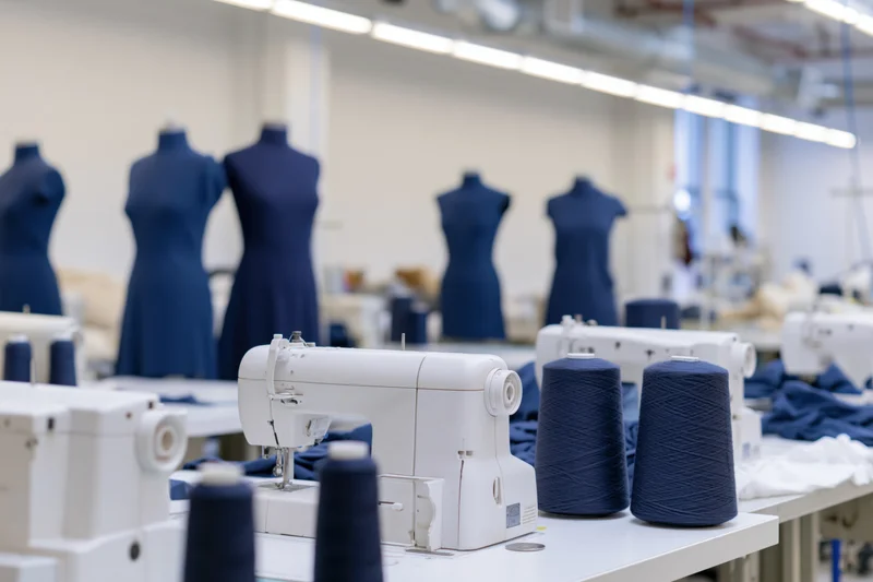 White sewing machines and blue thread spools on worktables in a garment factory