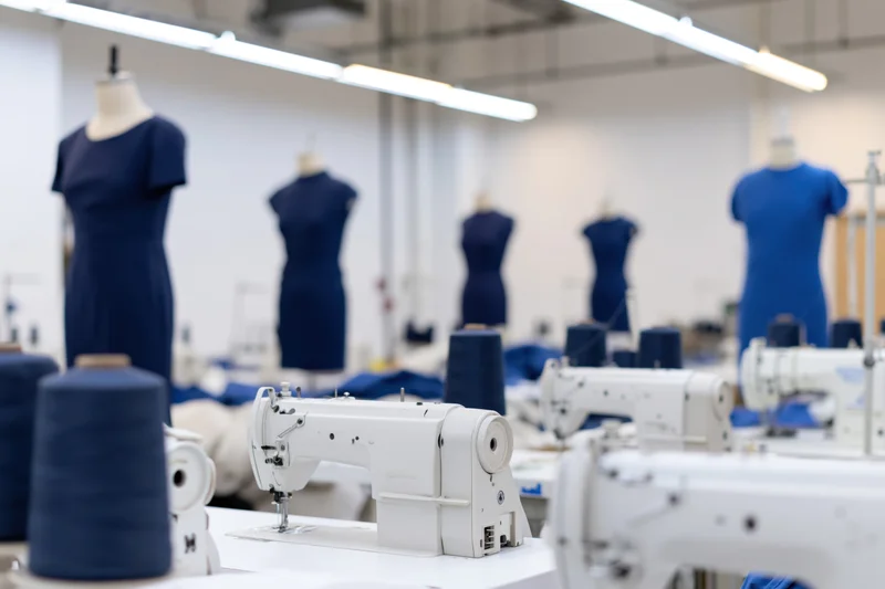 White sewing machines and blue thread spools on worktables in a fashion workshop with mannequins displaying dresses in the background