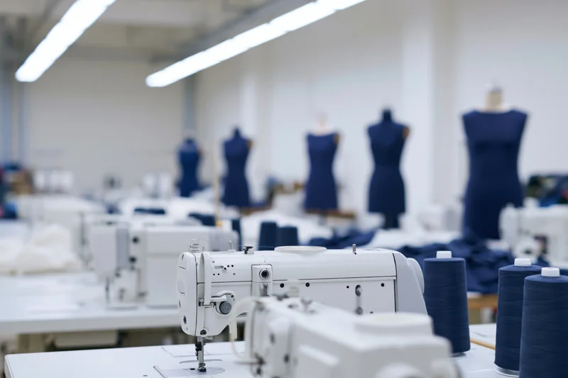 White sewing machines and blue thread spools on worktables in a garment factory workshop