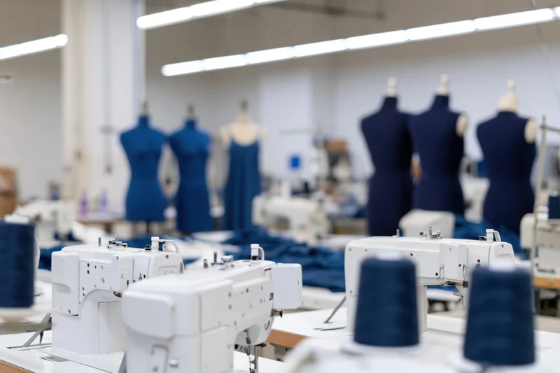 White sewing machines and blue thread spools on worktables in a garment factory workshop