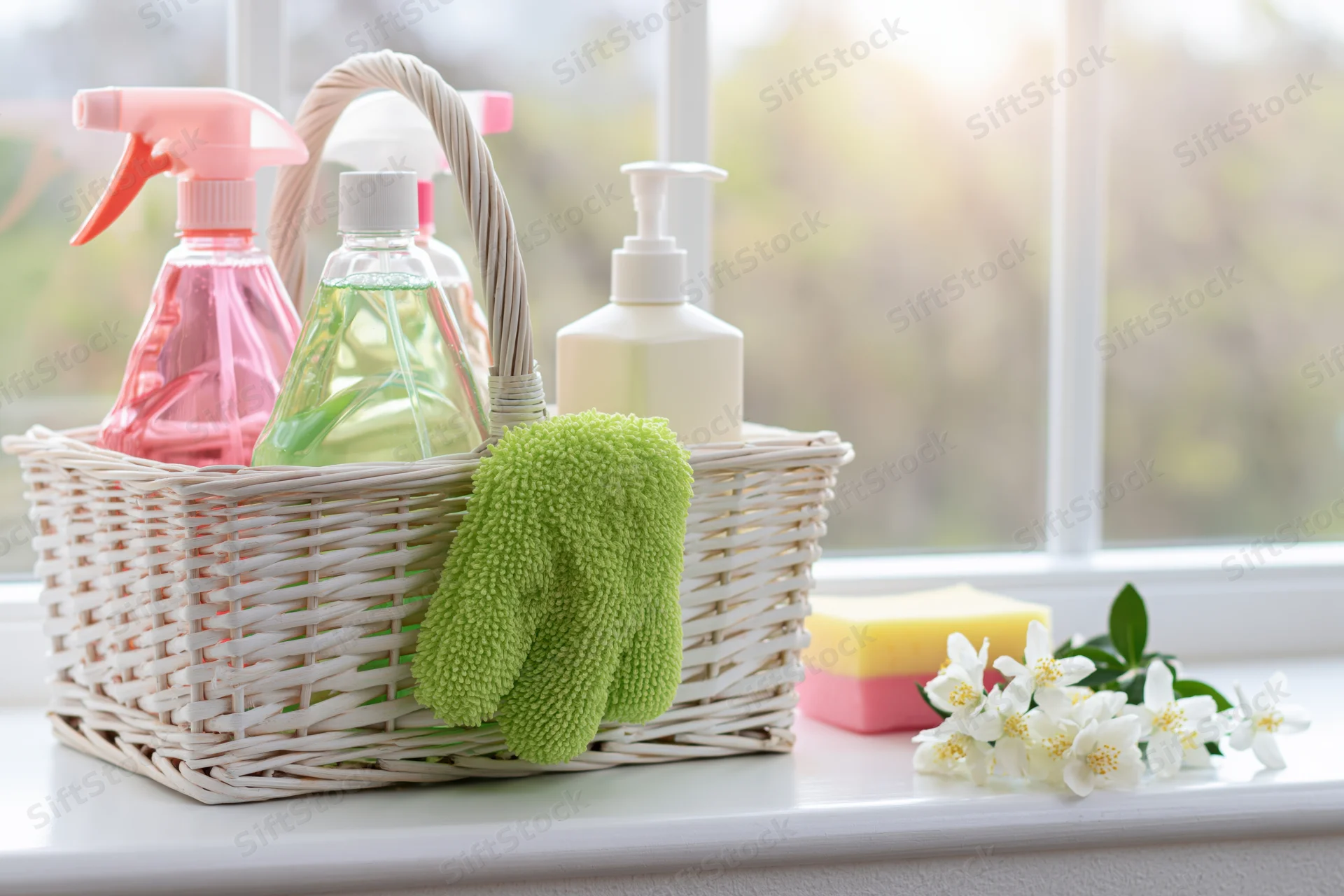 White wicker basket holding cleaning supplies and flowers on a windowsill