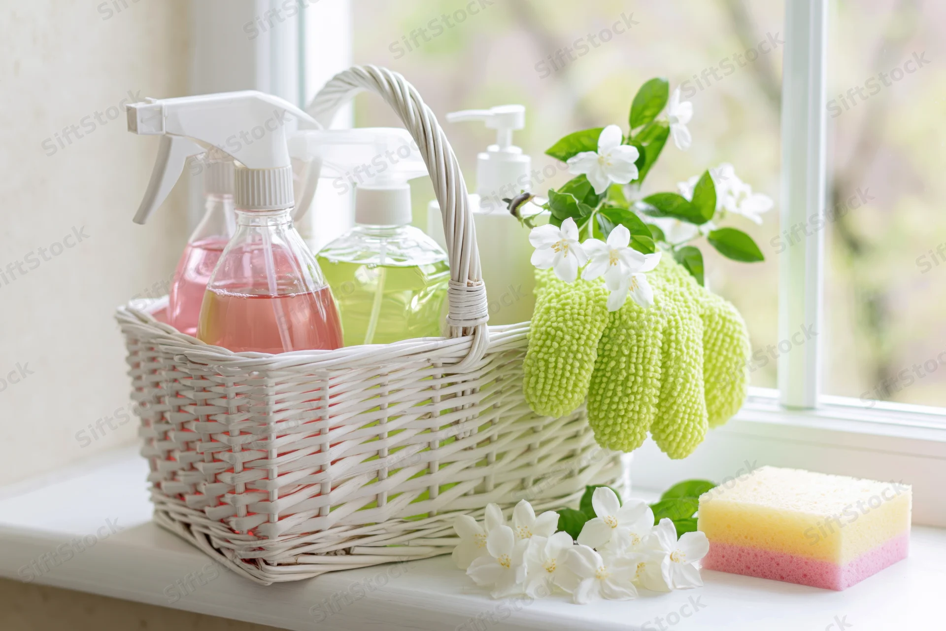 White wicker basket holding cleaning spray bottles and gloves on a windowsill with jasmine flowers and sponge nearby