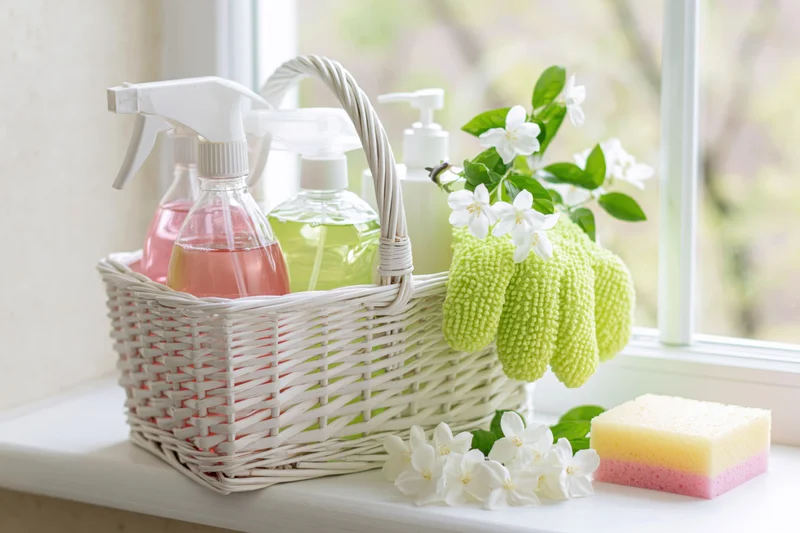 White wicker basket holding cleaning spray bottles and gloves on a windowsill with jasmine flowers and sponge nearby