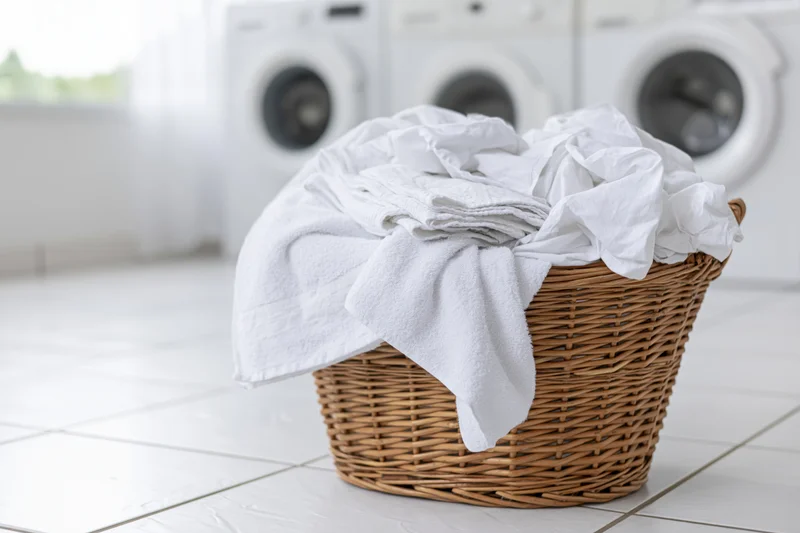 Wicker laundry basket overflowing with white towels and clothes on tiled floor in laundry room