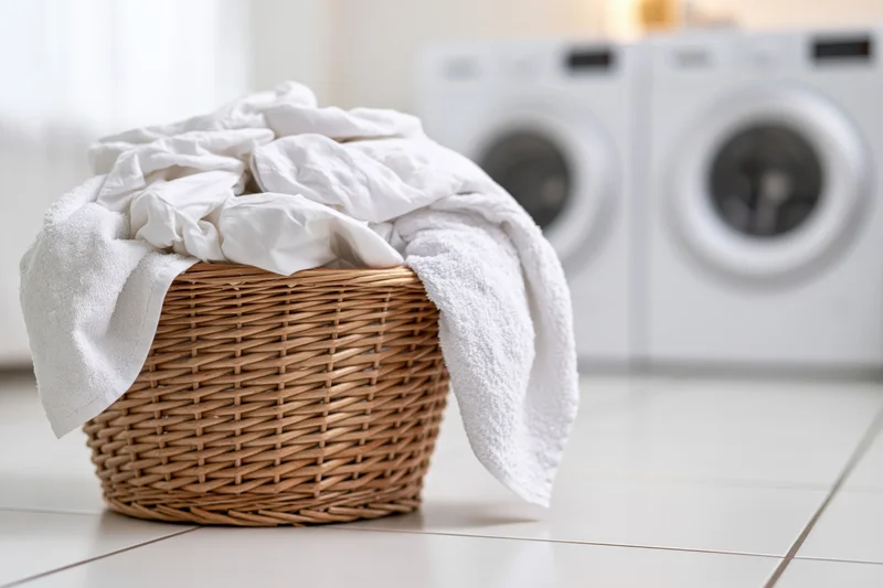 Wicker laundry basket overflowing with white towels on tiled floor in front of washing machines