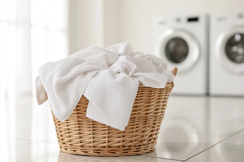 Wicker laundry basket overflowing with white towels on tiled floor in laundry room with washing machines in background