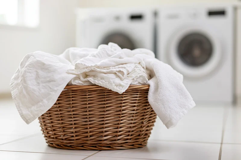 Wicker laundry basket overflowing with white clothes in a laundry room with washing machine and dryer in background