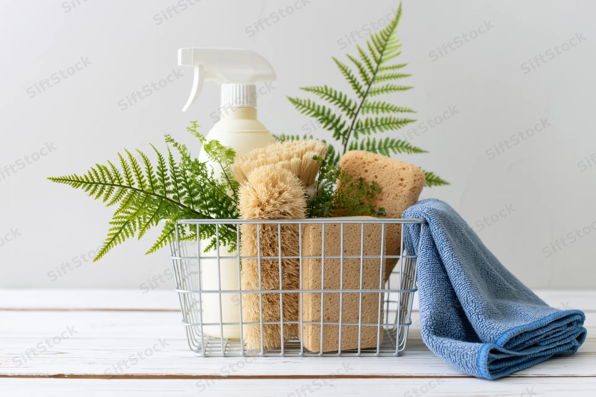 Wire basket holding eco cleaning supplies and green fern on white wooden surface