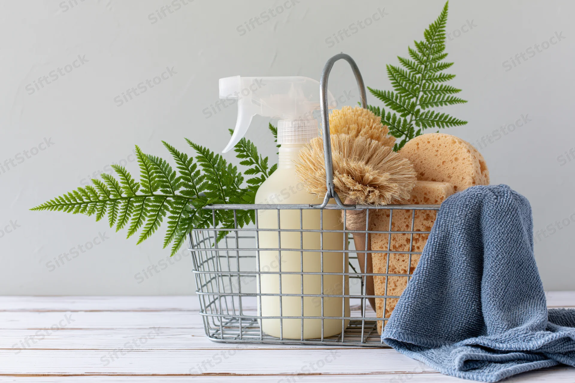 Wire basket holding eco cleaning supplies and green fern on white wooden surface