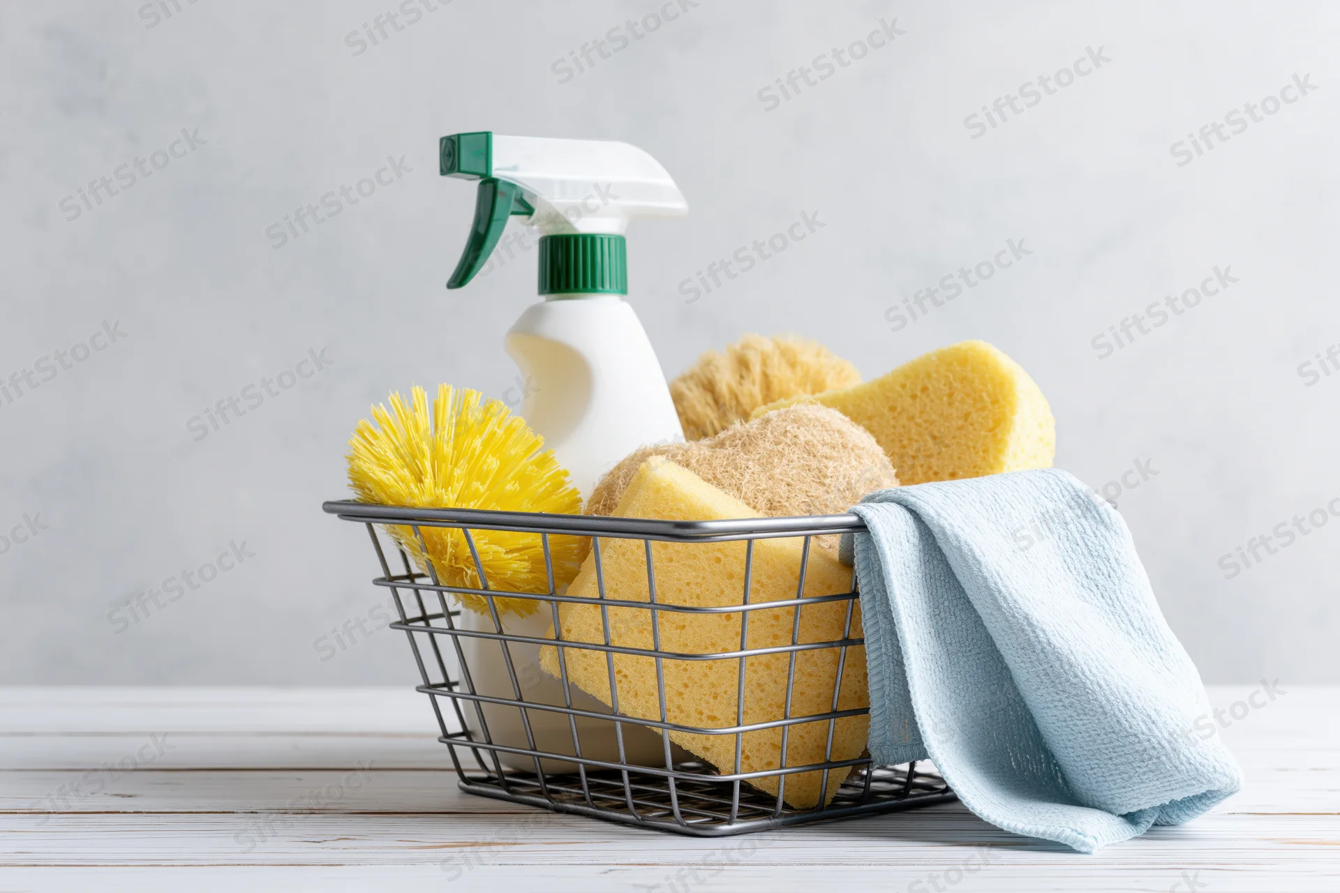 Wire basket holding cleaning supplies including sponges, cloth, and spray bottle on a white wooden surface
