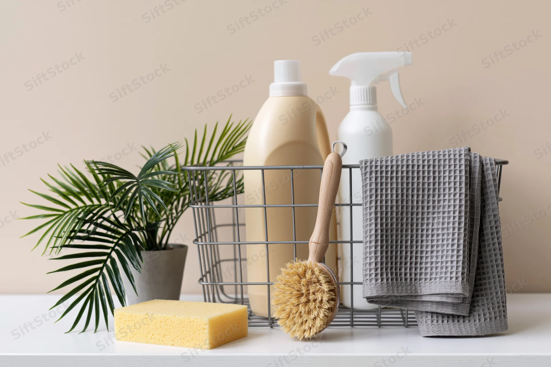 Wire basket holding cleaning products and a plant on a white countertop