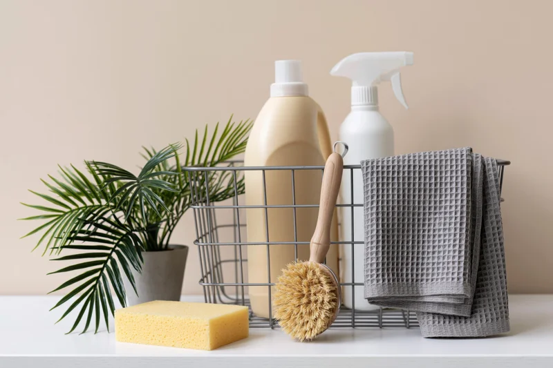 Wire basket holding cleaning products and a plant on a white countertop