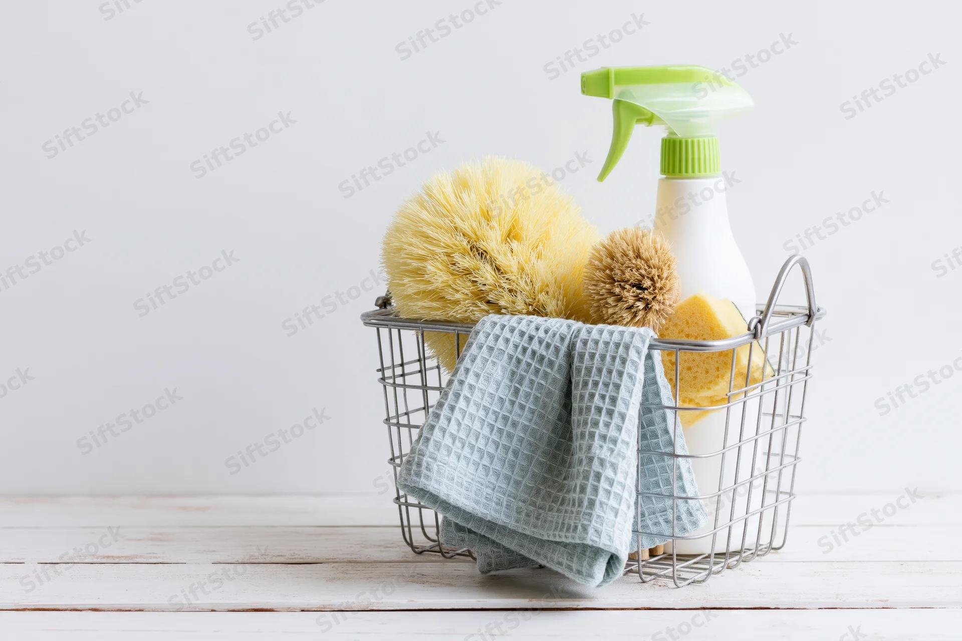 Wire basket holding cleaning supplies including spray bottle, scrub brush, sponge and towel on white wooden surface
