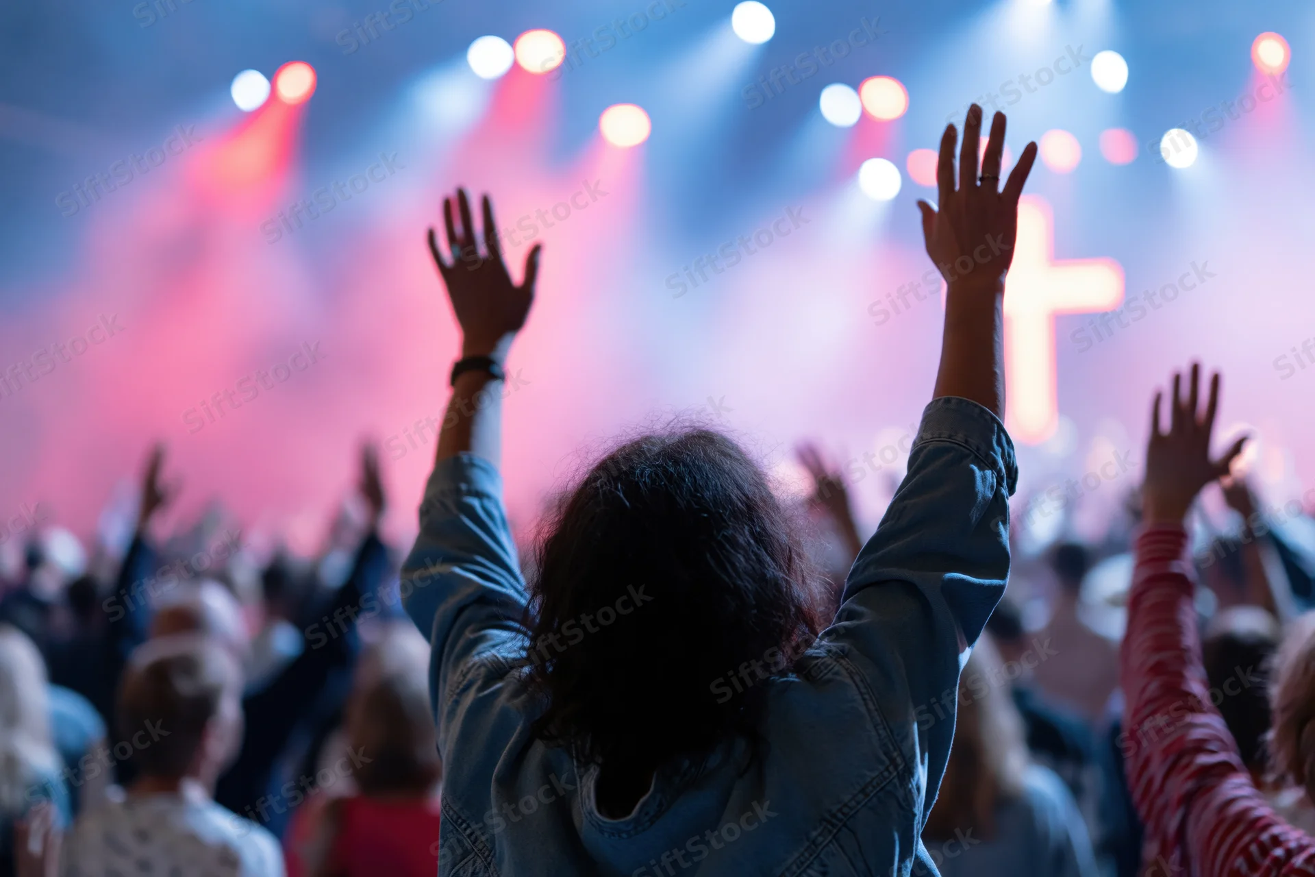 Woman raising hands in worship toward a lit cross on stage at a concert event