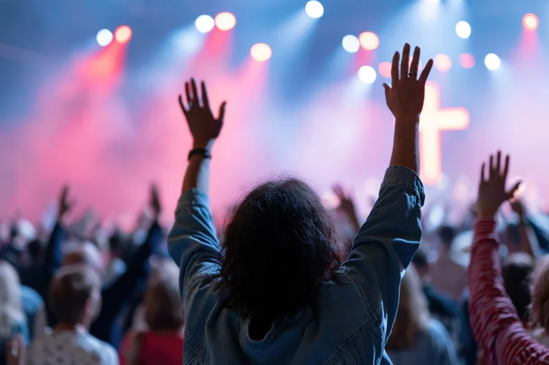 Woman raising hands in worship toward a lit cross on stage at a concert event