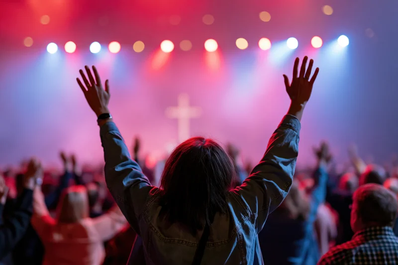 Woman with arms raised in worship facing a lit stage with cross and congregation behind her