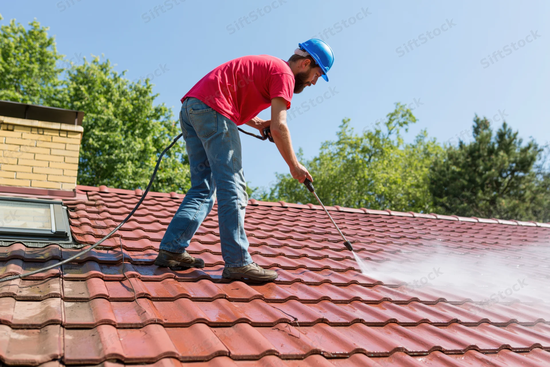 Man in red shirt and blue hard hat pressure washing a red tiled roof outdoors