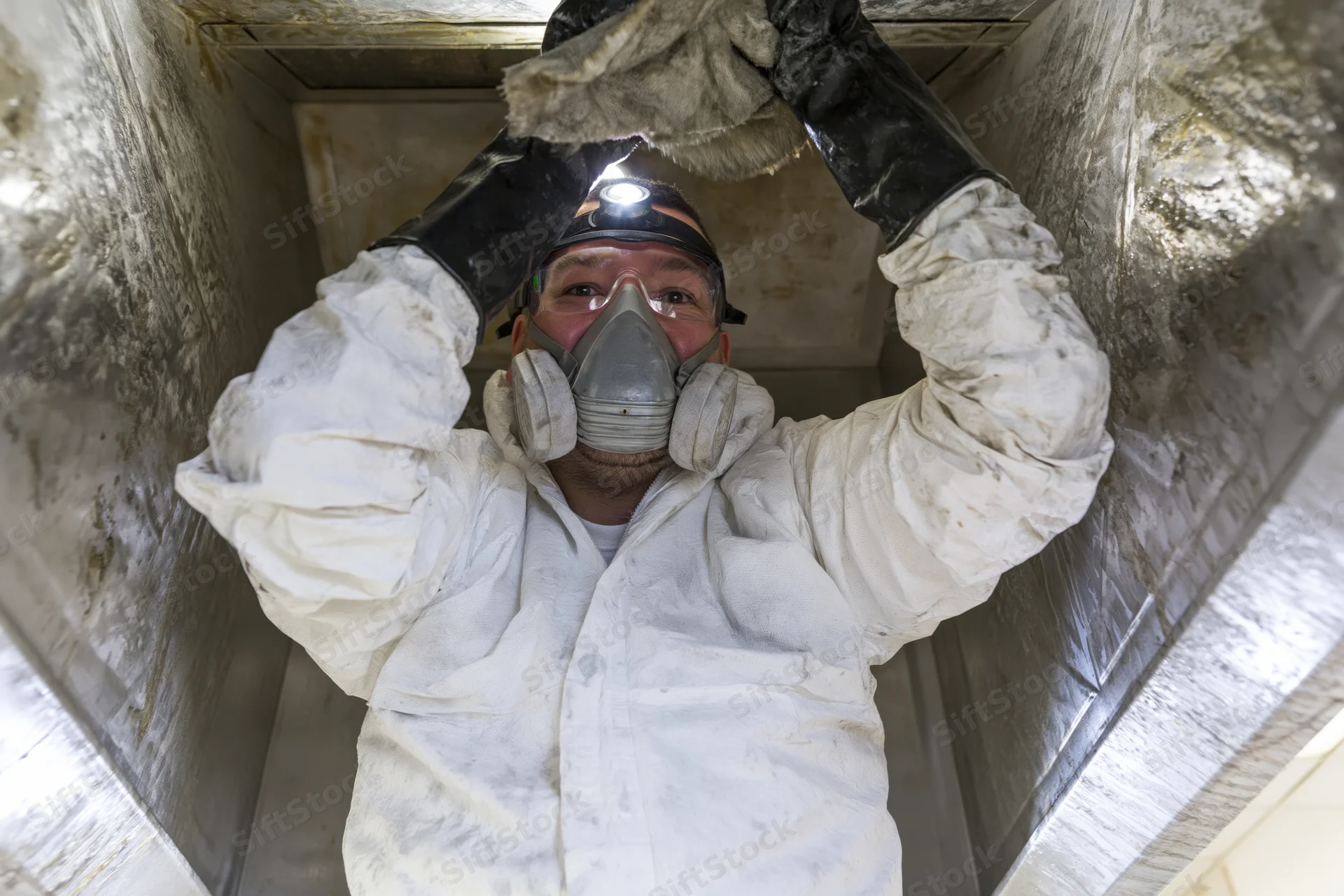 Worker in protective gear inspecting inside a ventilation duct