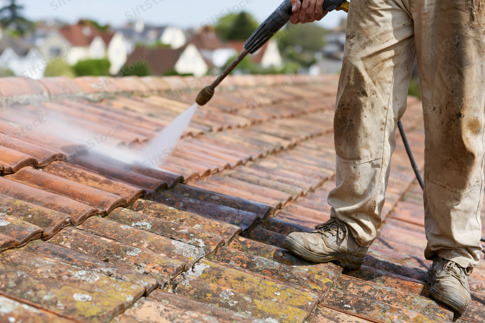 Worker pressure washing clay tile roof with spray nozzle on sloped residential exterior