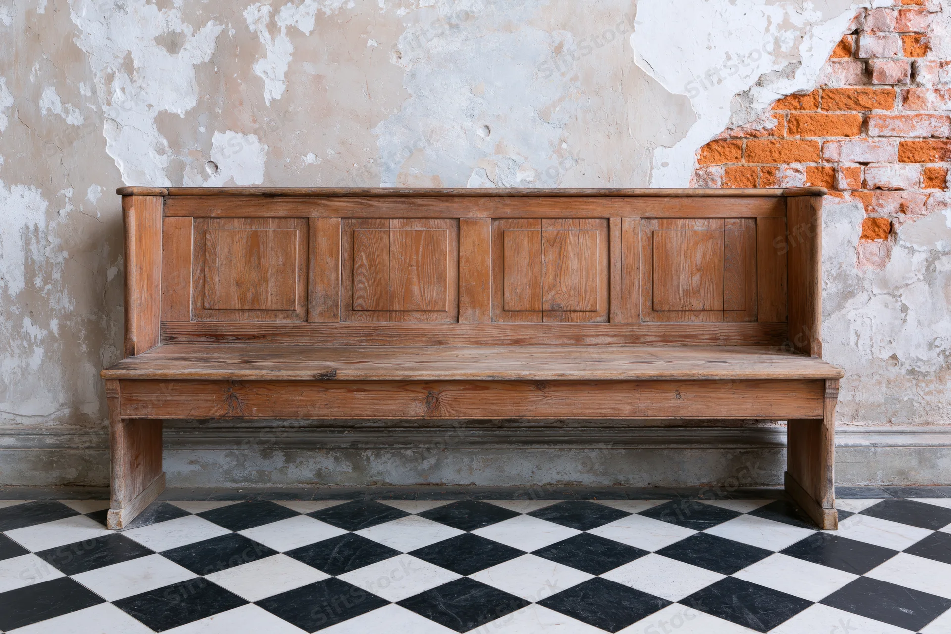 Wooden church pew with paneled backrest against peeling plaster and exposed brick wall on checkered tile floor