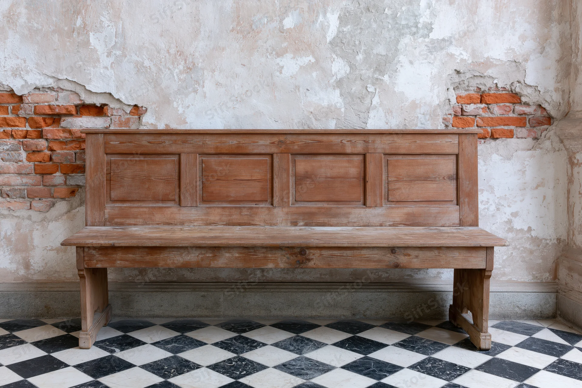 Worn wooden church pew with paneled backrest against peeling plaster and exposed brick wall on checkered tile floor