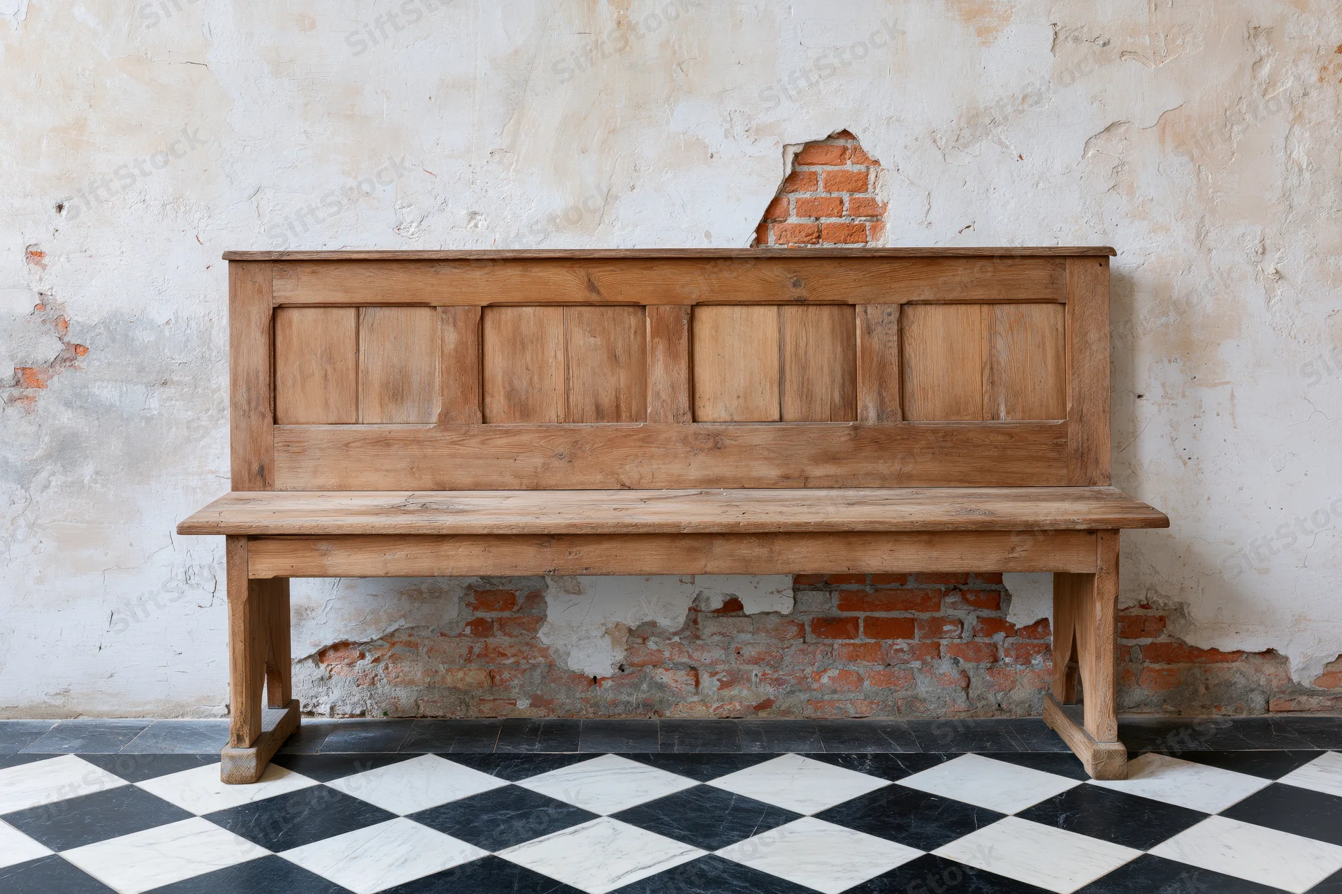 Worn wooden church pew with paneled backrest against a cracked plaster wall with exposed brick, on a black and white checkered tile floor