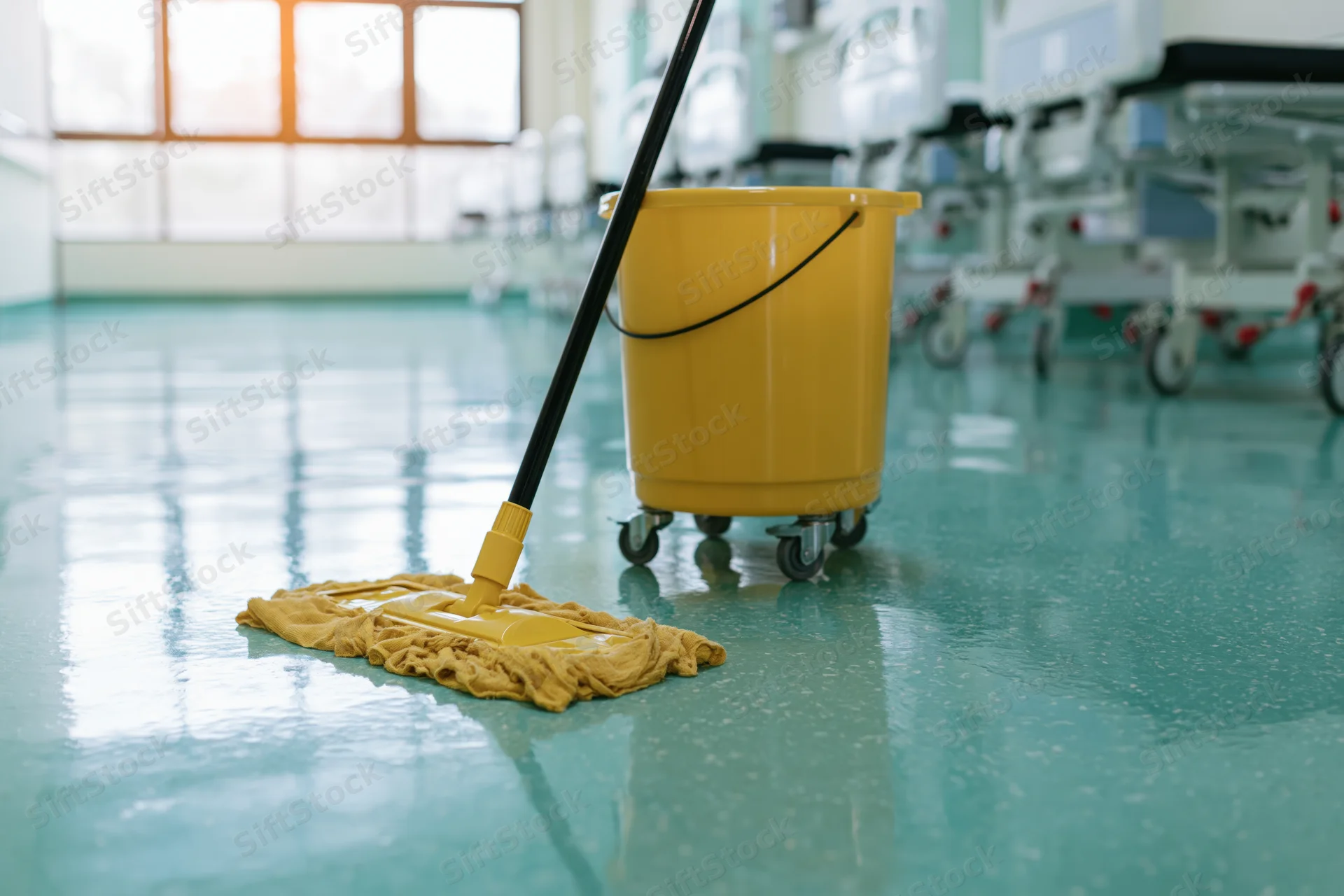 Yellow mop bucket with flat mop head on wet teal floor in hospital corridor
