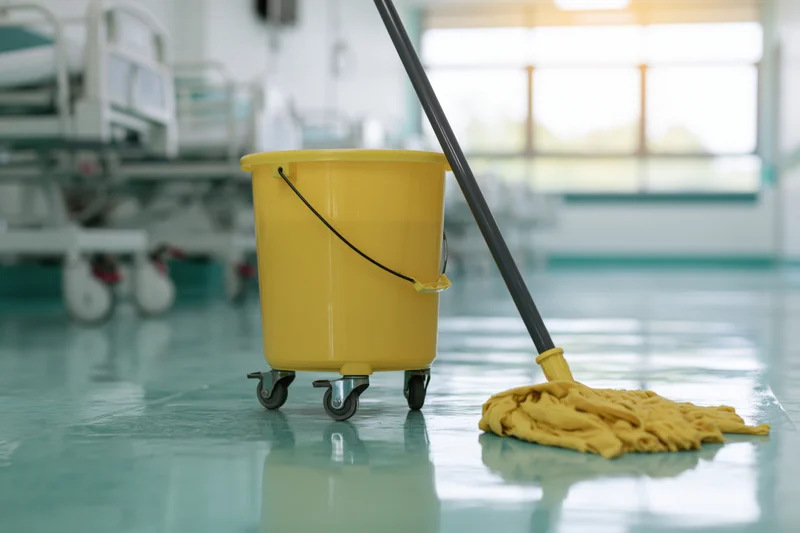 Yellow mop bucket on wheels with flat mop head resting on shiny hospital floor