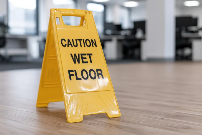 Yellow plastic caution wet floor sign standing on wooden floor in office interior
