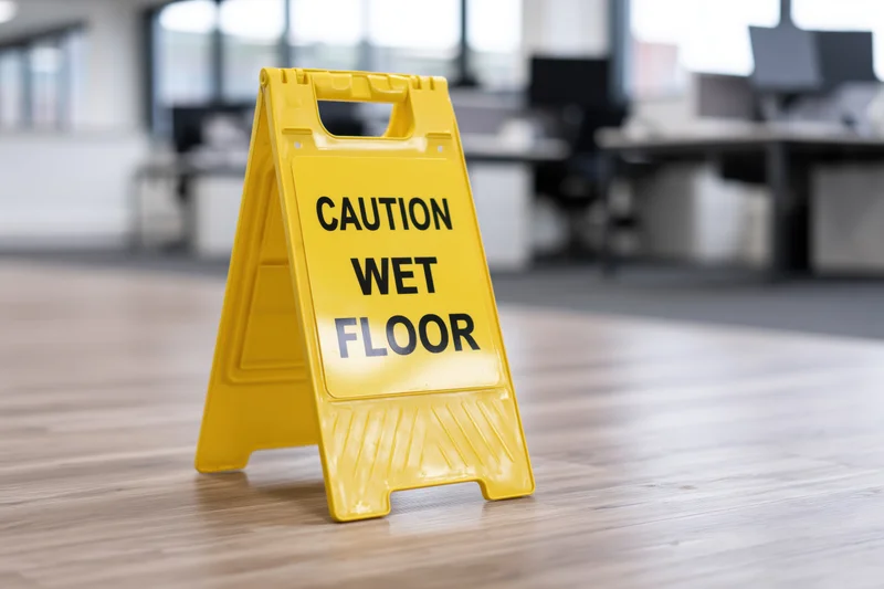 Yellow plastic caution wet floor sign standing on wooden floor in office space