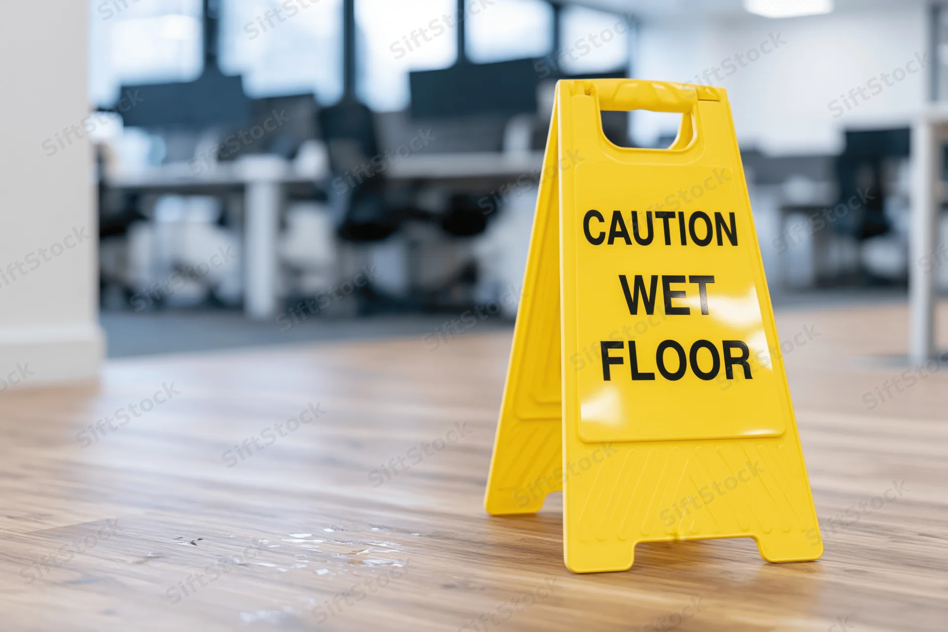 Yellow plastic caution wet floor sign standing on wooden floor in office space