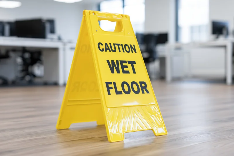 Yellow plastic caution wet floor sign standing on wooden floor in office workspace