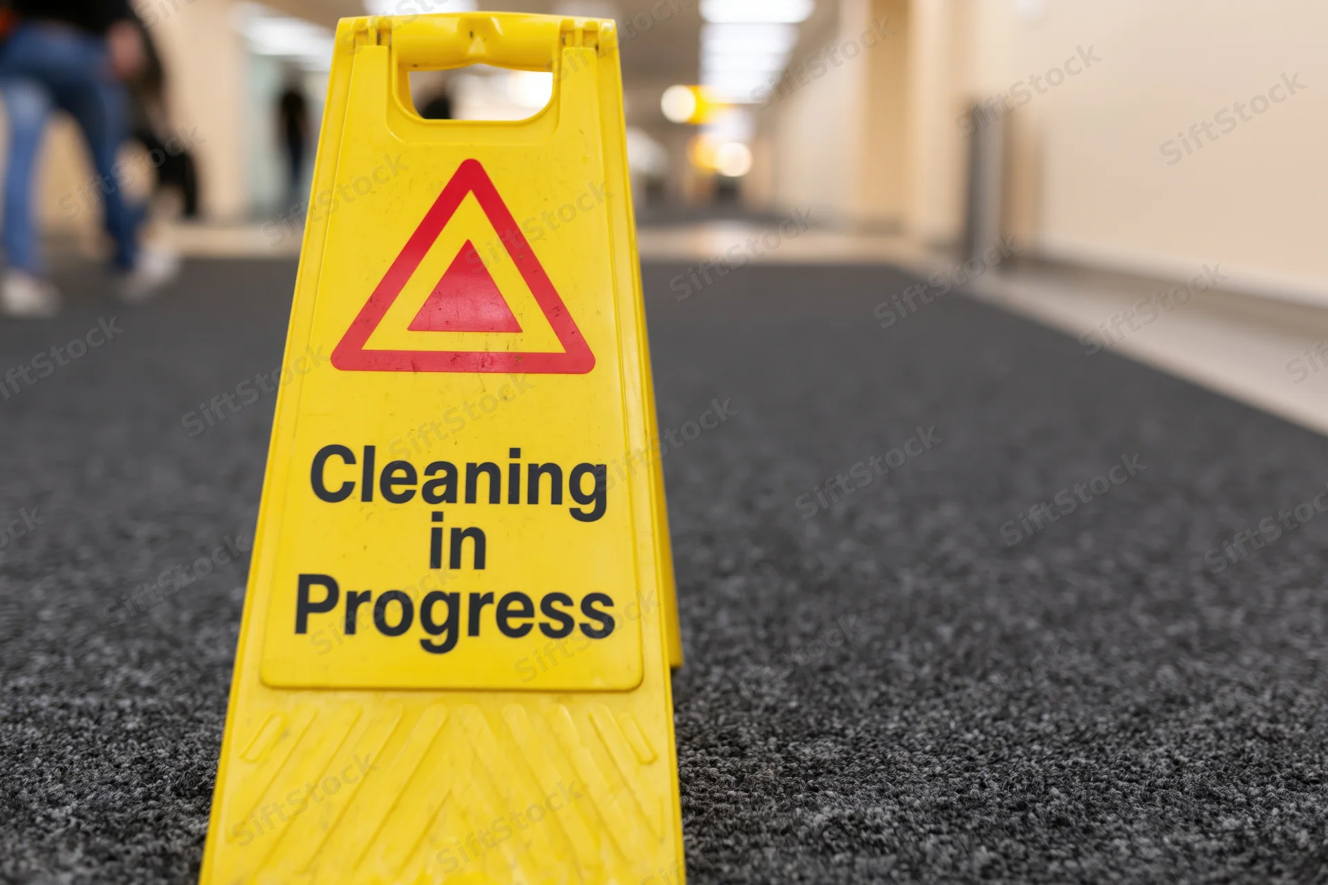 Yellow plastic caution sign reading cleaning in progress on carpeted hallway floor