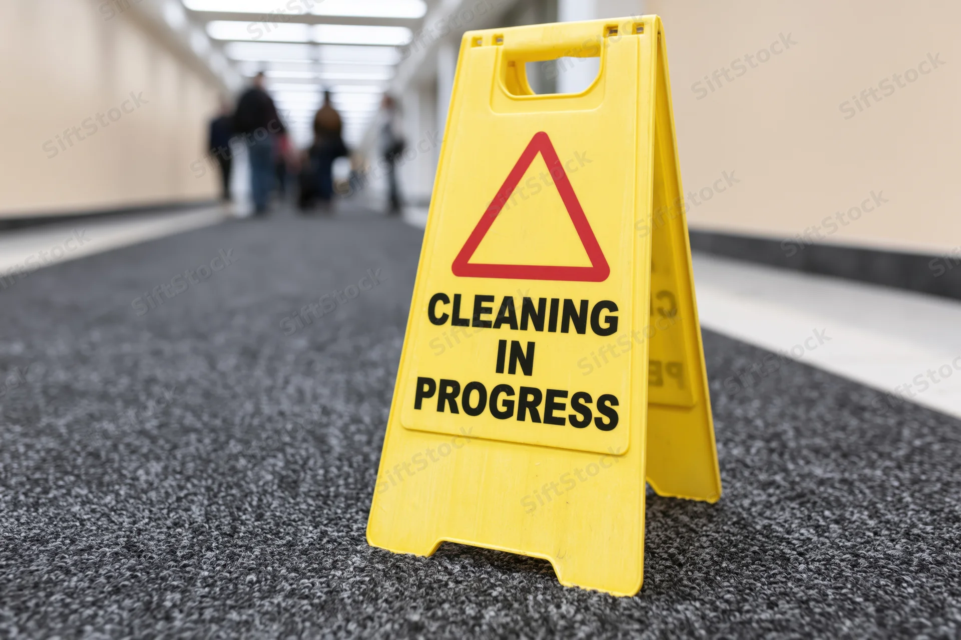 Yellow cleaning in progress caution sign on carpeted hallway floor with people walking in background