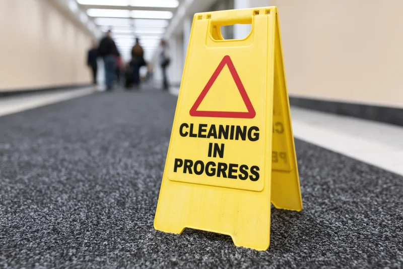Yellow cleaning in progress caution sign on carpeted hallway floor with people walking in background