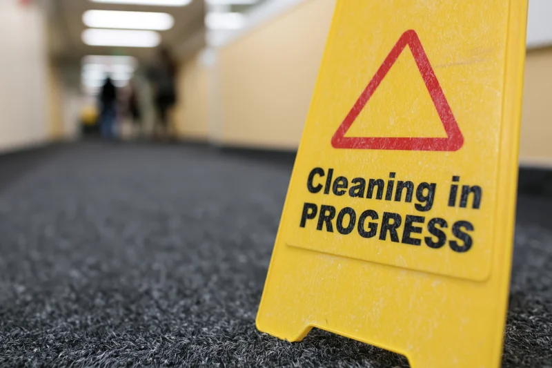 Yellow cleaning in progress caution sign on carpeted hallway floor