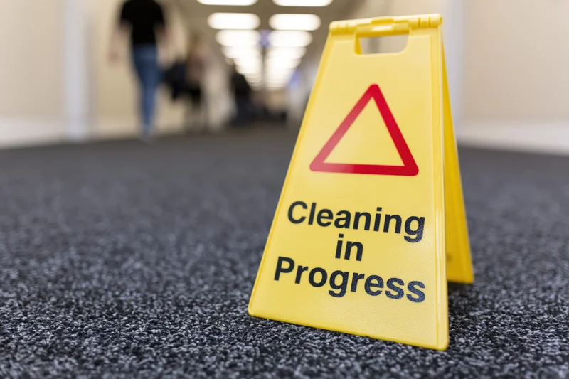 Yellow plastic cleaning in progress sign on carpeted office hallway floor