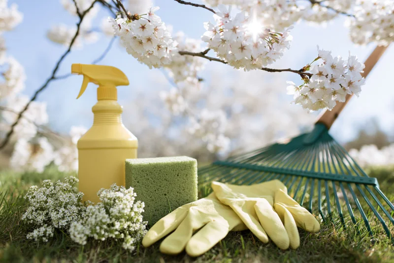 Gardening tools and cleaning supplies arranged on grass beneath blooming cherry blossoms