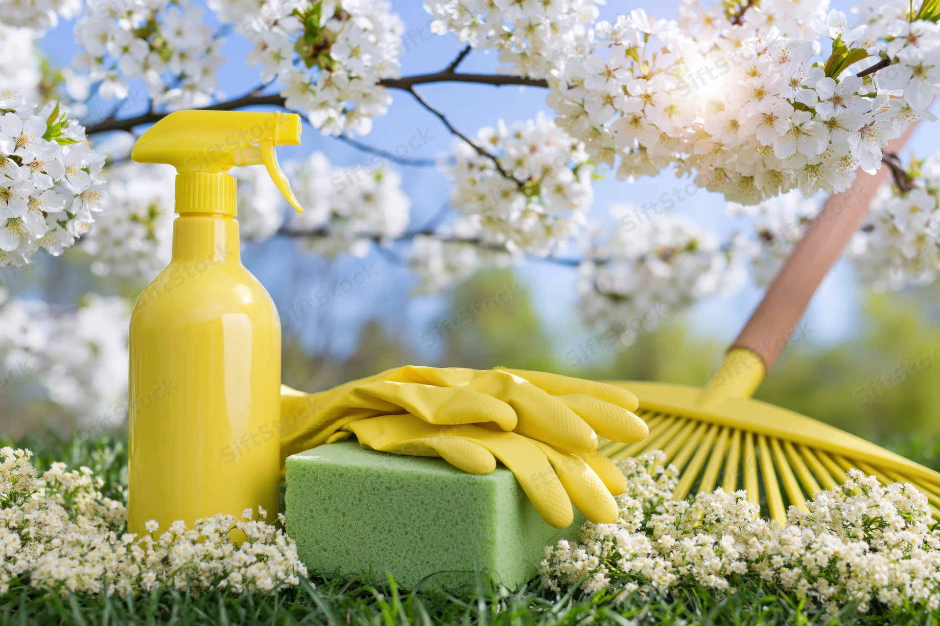 Yellow cleaning supplies and garden rake arranged on grass among white blossoms under blue sky