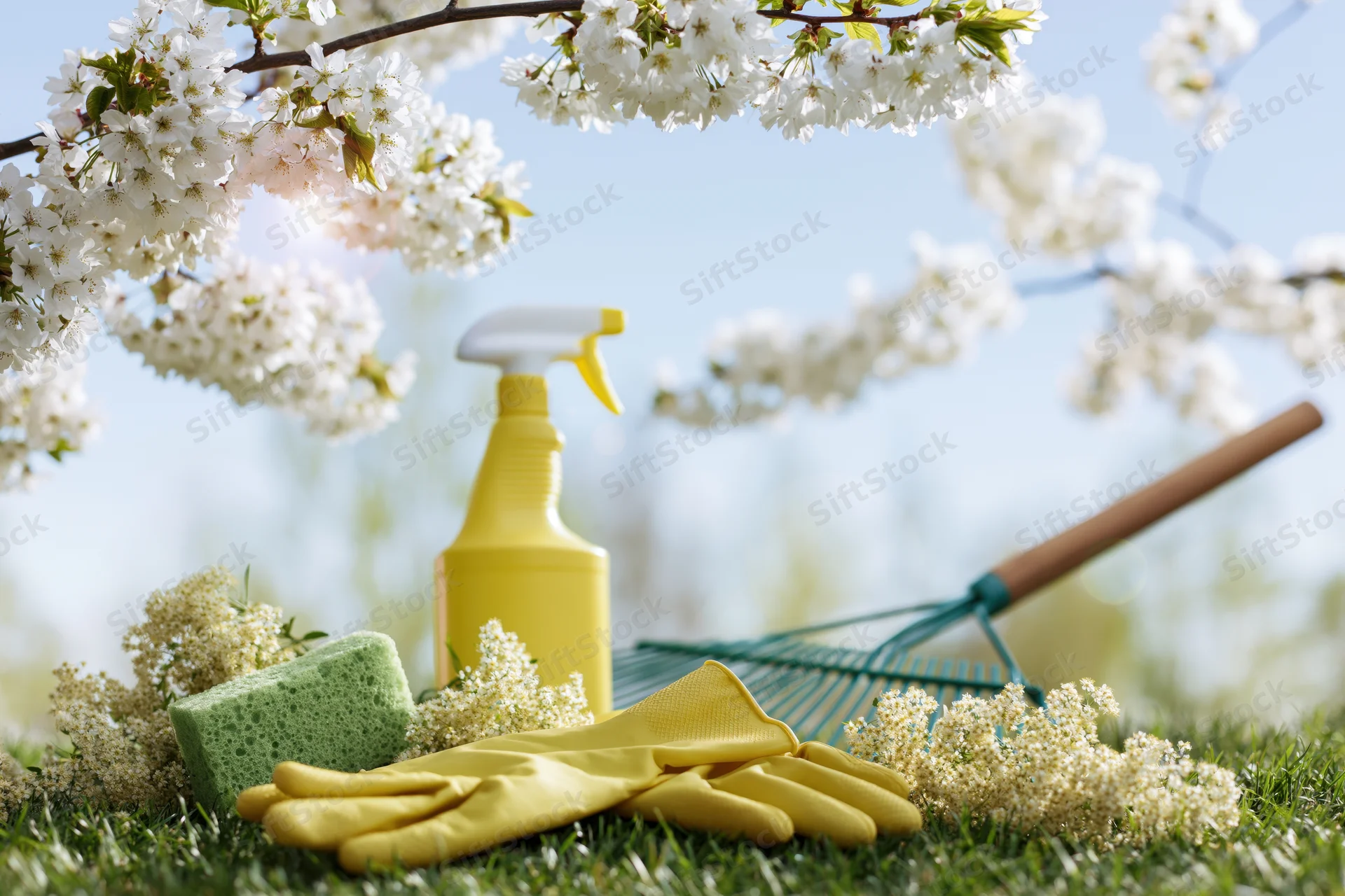 Gardening tools and cleaning supplies arranged on grass under blooming cherry blossoms