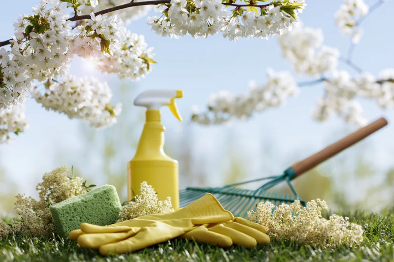 Gardening tools and cleaning supplies arranged on grass under blooming cherry blossoms