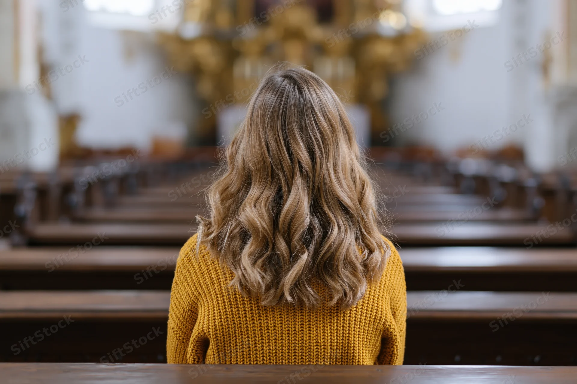 Woman with long wavy blonde hair sitting alone in a church facing the altar, back view in a yellow knit sweater