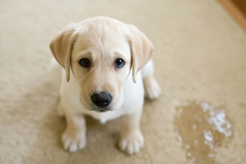 Young yellow labrador puppy sitting on beige carpet looking up with wet stain nearby