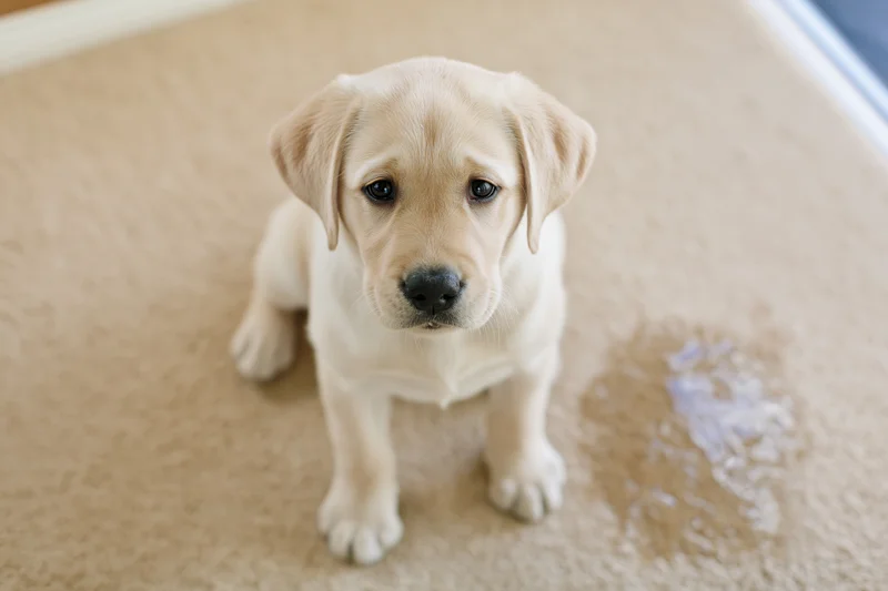 Young yellow labrador puppy sitting on beige carpet looking guilty near a wet stain