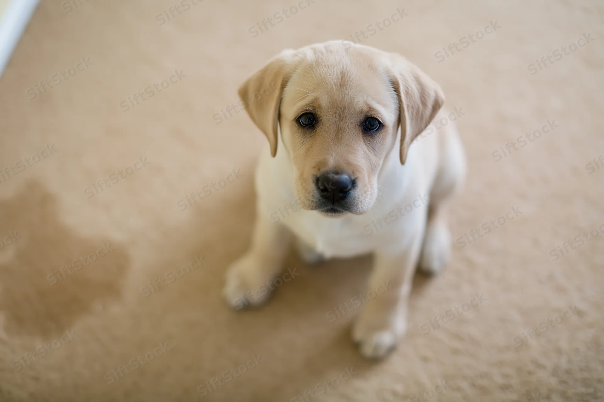 Young yellow labrador puppy sitting on beige carpet looking up at camera