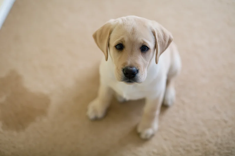 Young yellow labrador puppy sitting on beige carpet looking up at camera