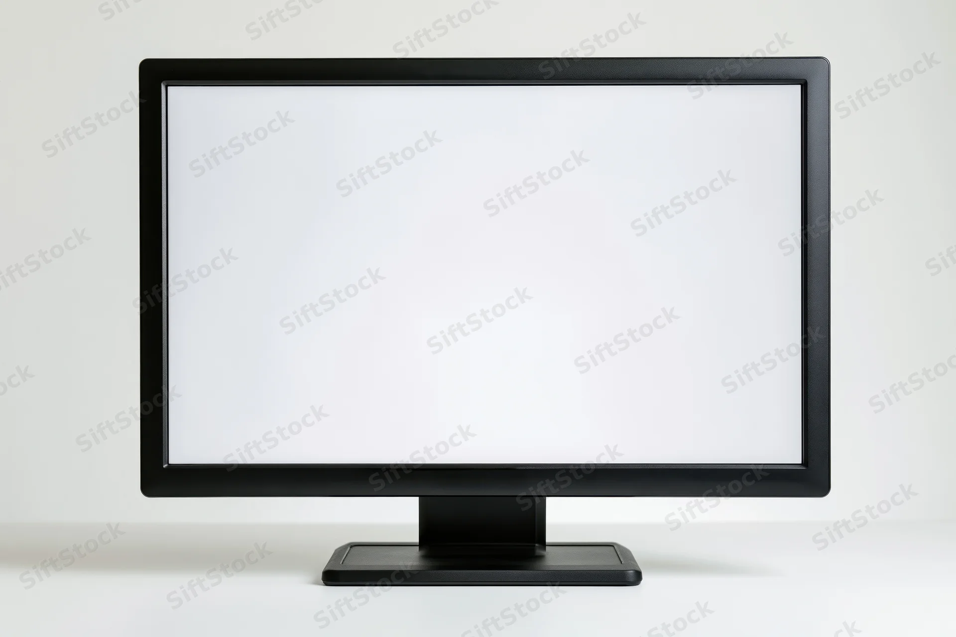 Black computer monitor with blank white screen on white surface